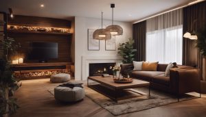 Een comfortabele woonkamer met donker houten meubels en elegant decor.