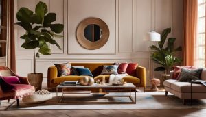 Een prachtig ingerichte woonkamer met Zara Home's nieuwste decoratietrends en luxe textiel, wat een gezellige en uitnodigende sfeer creëert.