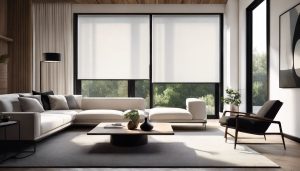 Minimalistische woonkamer met zwarte raambekleding cre&euml;ert serene sfeer.