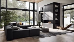 Een strak zwart kabinet in een moderne woonkamer setting met minimalistisch design.