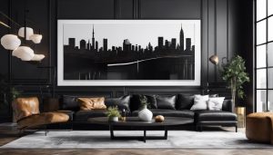 Een stijlvolle zwarte woonkamer met modern meubilair en stadsgezicht fotografie.