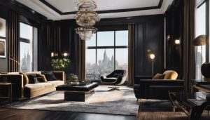 Elegante woonkamer met stadsgezichtfoto en zwarte plinten.