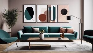 Moderne kunstprints worden tentoongesteld in een galerij-setting met eigentijds meubilair.