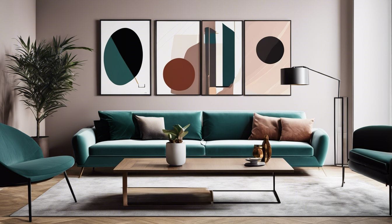 Moderne kunstprints worden tentoongesteld in een galerij-setting met eigentijds meubilair.