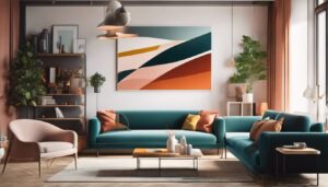Een moderne woonkamer met abstracte kunst, levendige kleuren en minimalistisch meubilair.
