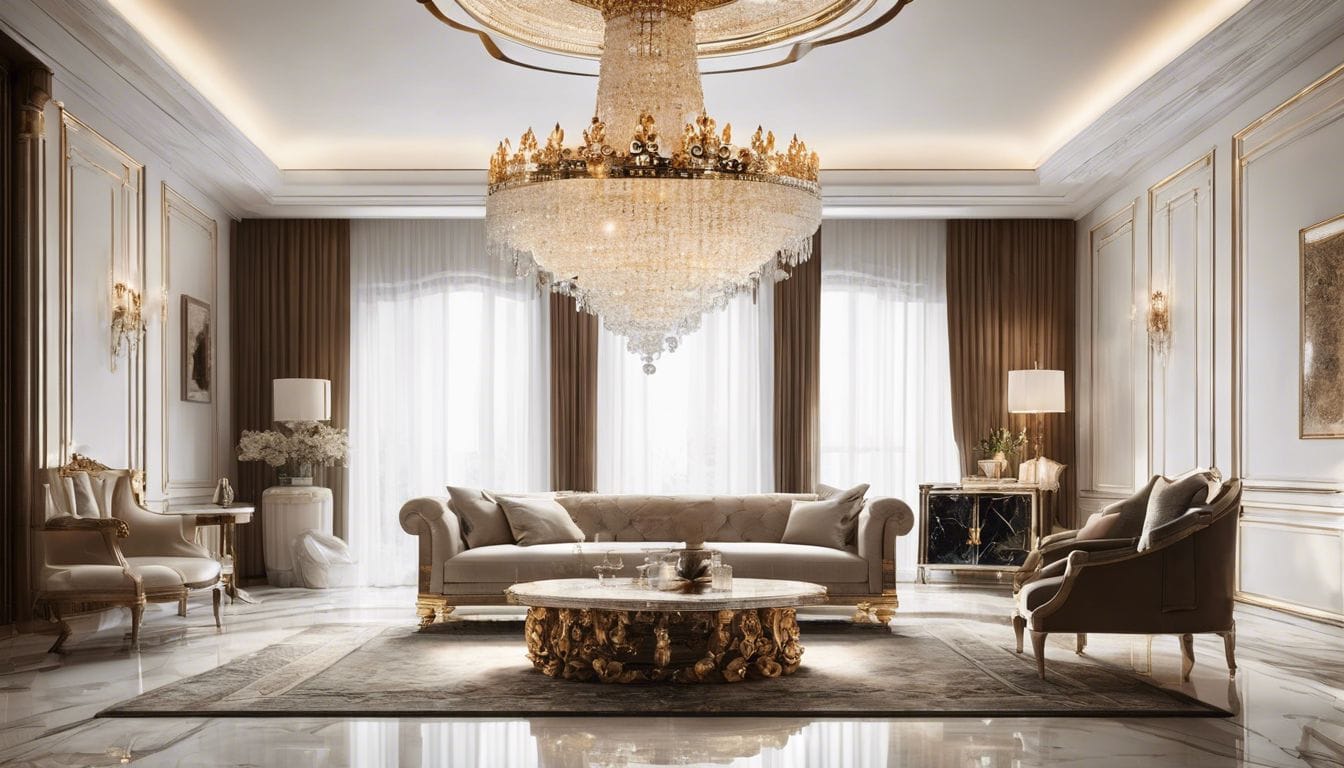 Een luxe kroonluchter verlicht een weelderige woonkamer met marmeren vloer.